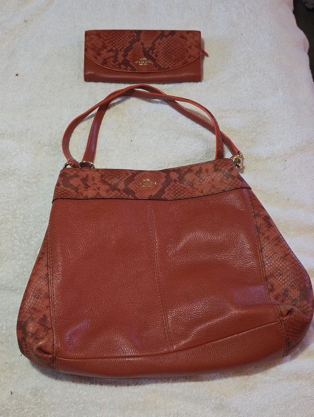 Coach Rust Leather Shoulder Bag with Snakeskin-Print Trim